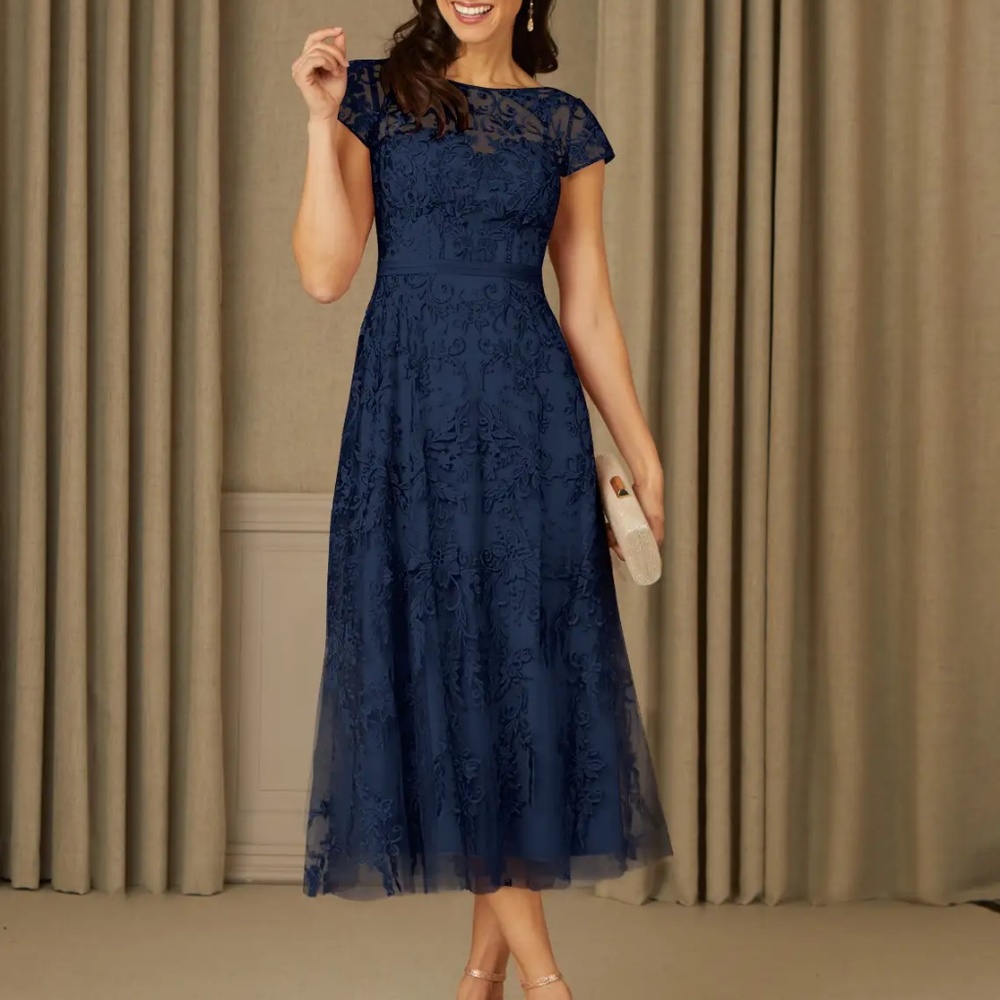 NEW AZAZIE SANNA Dark Navy Champagne A-Line Scoop Lace Tulle Dress Size 4